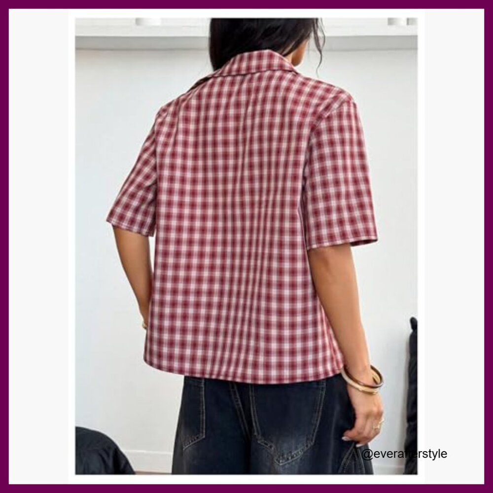 Polyester Plaid Collared Button-Down Shirt Short … - image 3